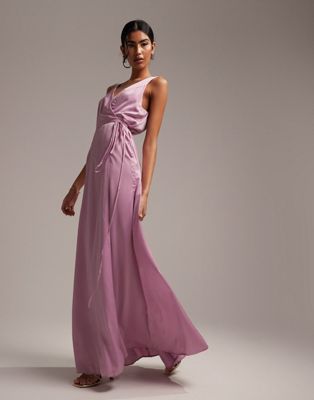 Asos Design Bridesmaids Satin Wrap Maxi Dress With Tie Detail In Lilac-purple