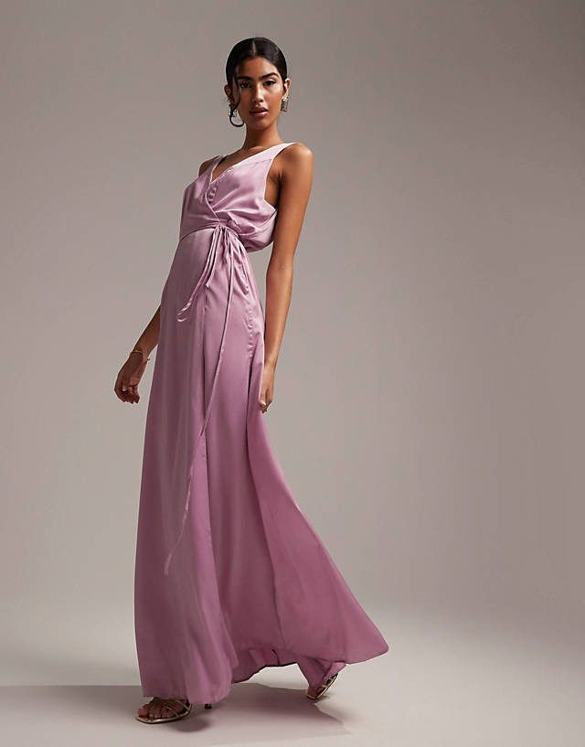 ASOS DESIGN Bridesmaids satin wrap maxi dress with tie detail in lilac