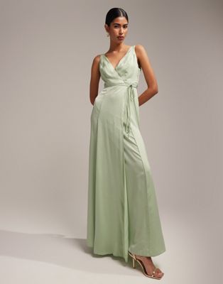 ASOS DESIGN Bridesmaids satin wrap maxi dress with tie detail in sage-Green