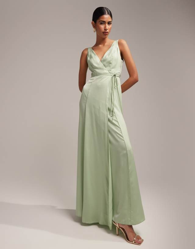 ASOS DESIGN Bridesmaids satin wrap maxi dress with tie detail in sage