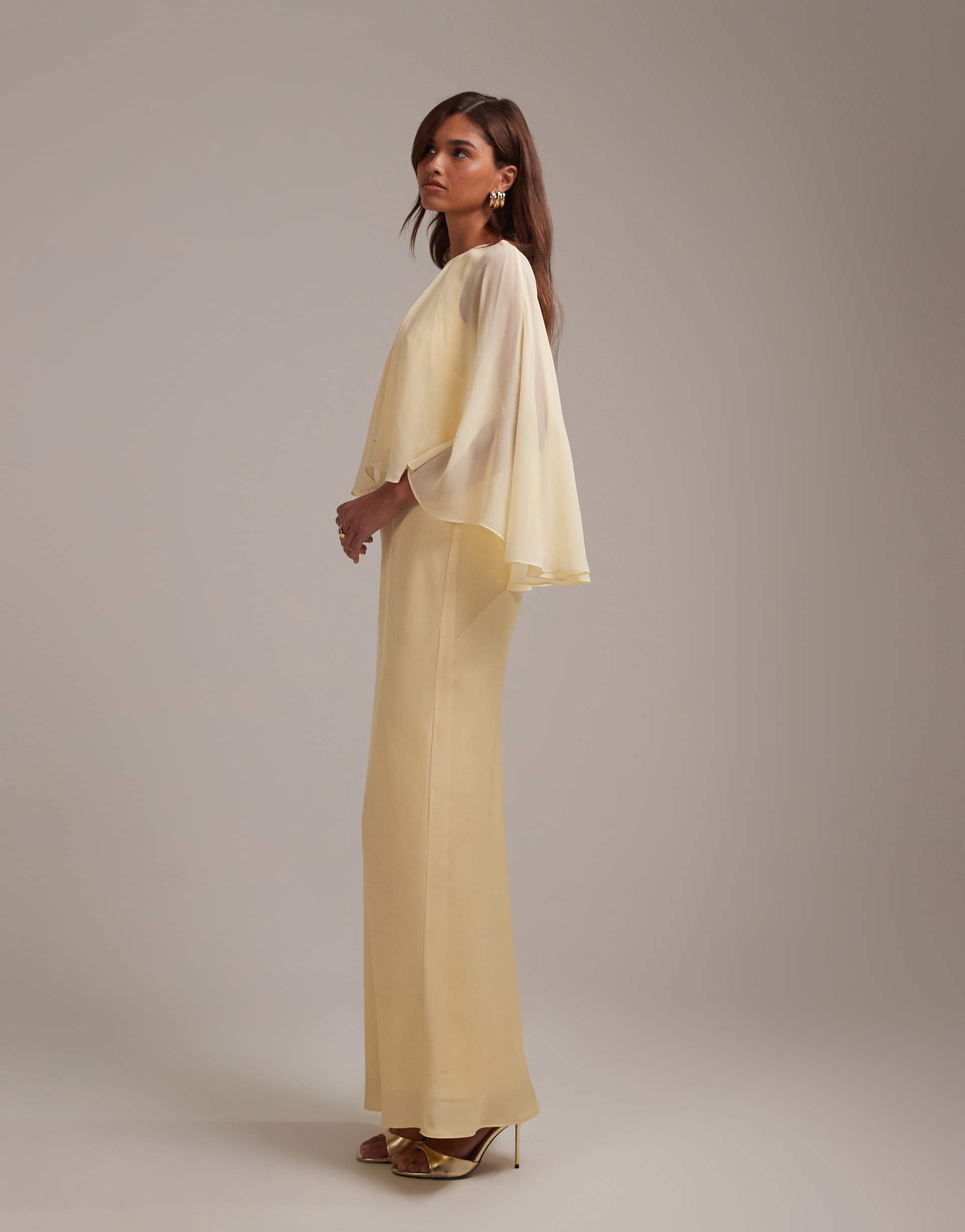 asos design bridesmaids sheer chiffon cape overlay bias cut satin dress in lemon