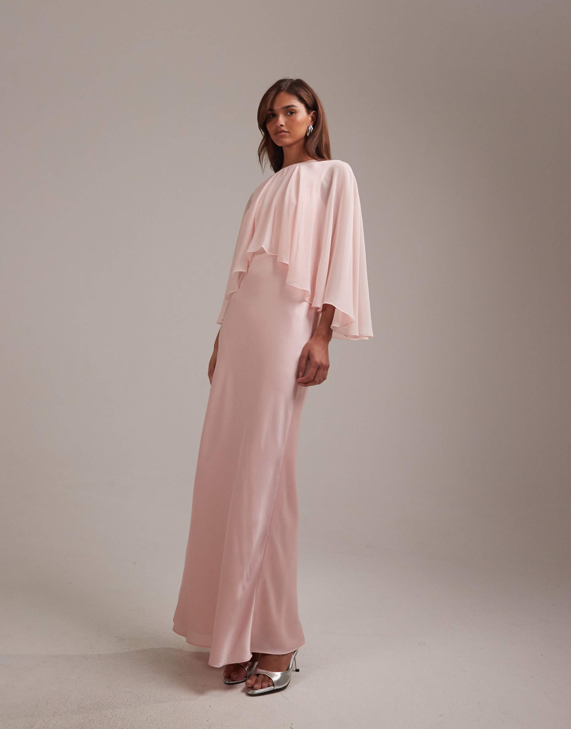 asos design bridesmaids sheer chiffon cape overlay bias cut satin dress in pink