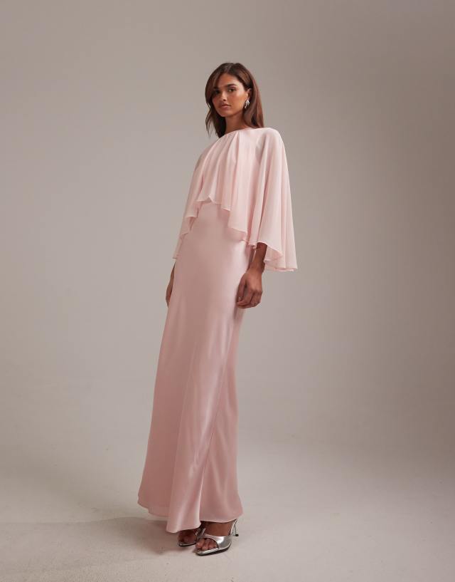 ASOS DESIGN Bridesmaids sheer chiffon cape overlay bias cut satin dress in pink