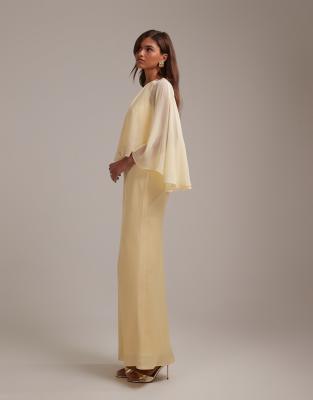 Asos Design Bridesmaids Sheer Chiffon Cape Overlay With Bias Cut Satin Dress In Yellow