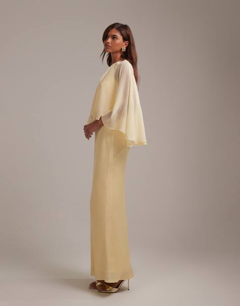 ASOS DESIGN bridesmaids sheer chiffon cape overlay with bias cut satin dress in lemon - view 1