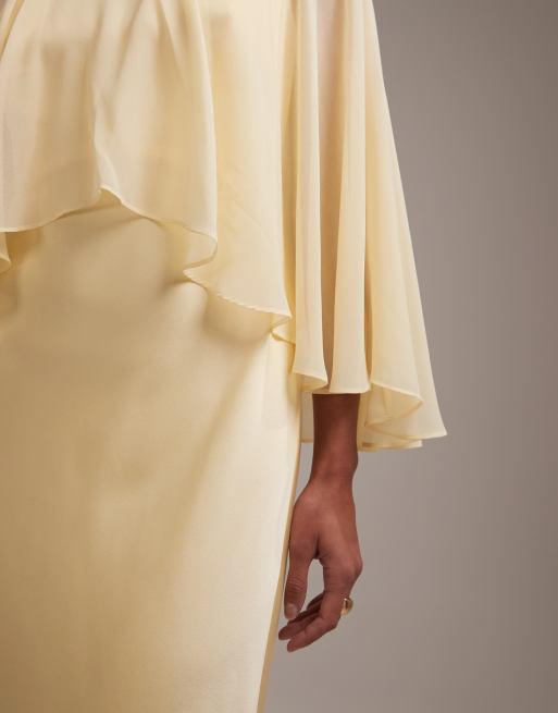 ASOS DESIGN bridesmaids sheer chiffon cape overlay with bias cut satin dress in lemon, 4 of 6