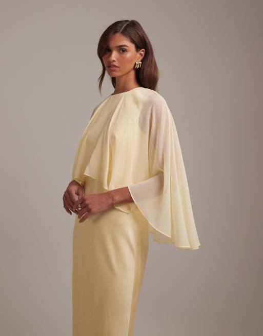 ASOS DESIGN bridesmaids sheer chiffon cape overlay with bias cut satin dress in lemon, 5 of 6