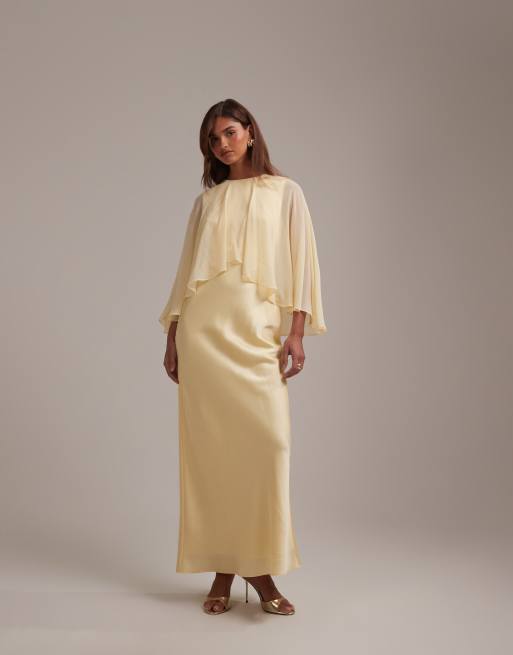 ASOS DESIGN bridesmaids sheer chiffon cape overlay with bias cut satin dress in lemon, 6 of 6