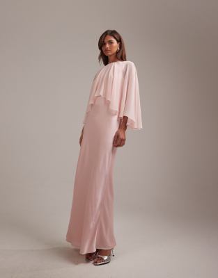 Asos Design Bridesmaids Sheer Chiffon Cape Overlay With Bias Cut Satin Dress In Pink