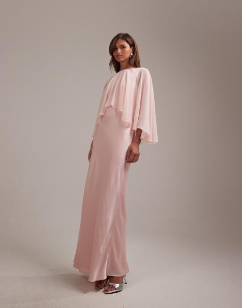 ASOS DESIGN bridesmaids sheer chiffon cape overlay with bias cut satin dress in pink