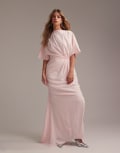 [ASOS DESIGN] ASOS DESIGN Bridesmaids slash neck crepe t-shirt sleeve minimal drape maxi dress in soft pink 8 Soft pink