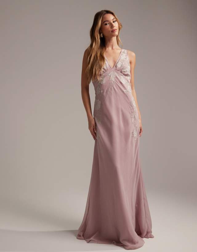 ASOS DESIGN Bridesmaids sleeveless maxi dress with floral applique in rose