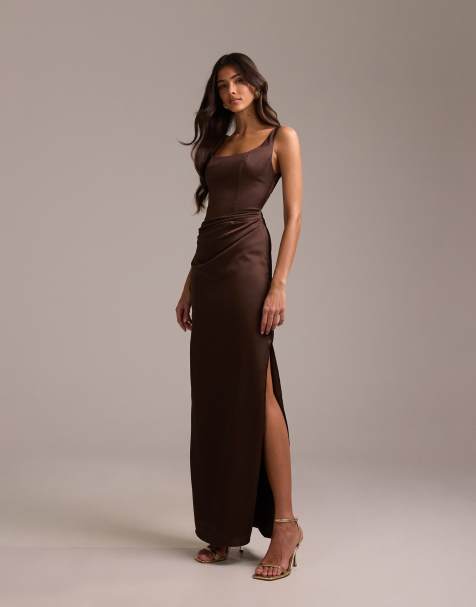 ASOS DESIGN bridesmaids square neck satin maxi dress with asymmetric skirt overlay in chocolate - view 1