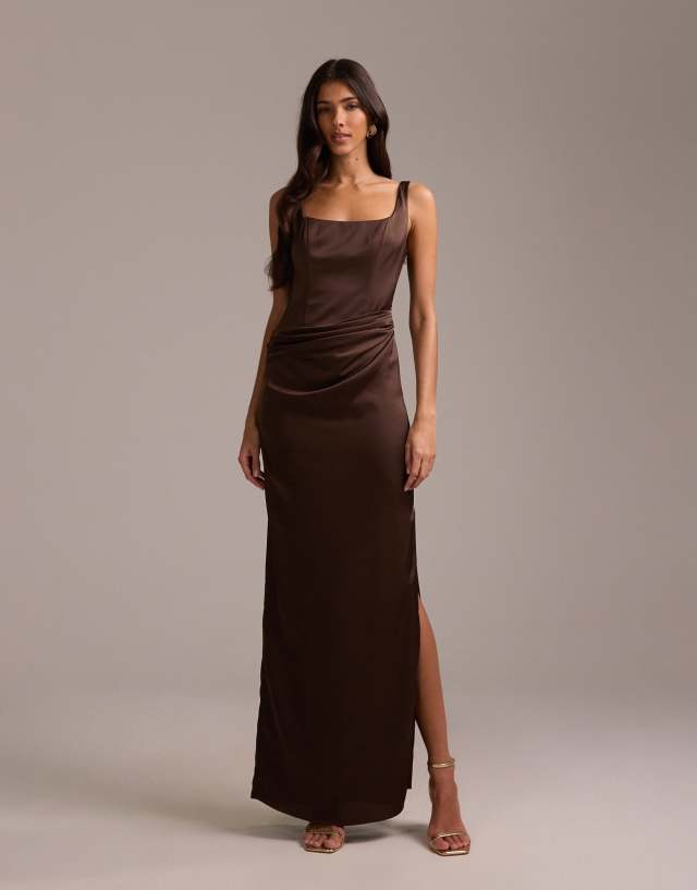 mink bridesmaid dresses asos Design - Bridesmaids Square Neck Satin Maxi Dress - Women - Polyester - 14 US making it perfect for Size:52 Long - 47 Waist Cute Little Black Dress plus size long sleeve v neck floral babydoll dress