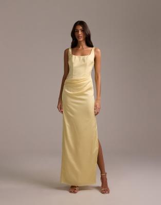 Asos Design Bridesmaids Square Neck Satin Maxi Dress With Asymmetric Skirt Overlay In Yellow