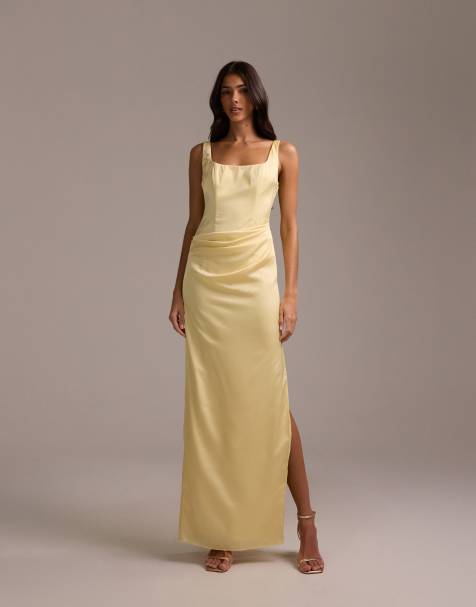 ASOS DESIGN bridesmaids square neck satin maxi dress with asymmetric skirt overlay in lemon - view 1