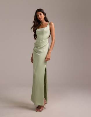 Asos Design Bridesmaids Square Neck Satin Maxi Dress With Asymmetric Skirt Overlay In Green