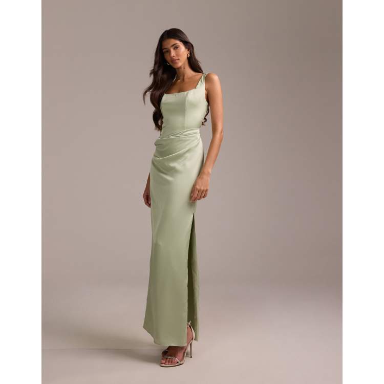 sage green satin asymmetric bardot twist maxi dress Sage Green Satin Asymmetric Bardot Twist Maxi Dress
