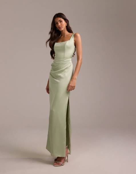 ASOS DESIGN bridesmaids square neck satin maxi dress with asymmetric skirt overlay in sage green