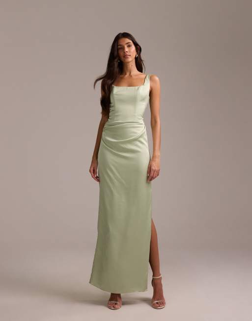 asos embellished bridesmaid dress DESIGN bridesmaids square neck satin maxi with asymmetric skirt overlay in sage green making it perfect for Prom Dress in Blue DNS Resolution Error - Size:44-L
