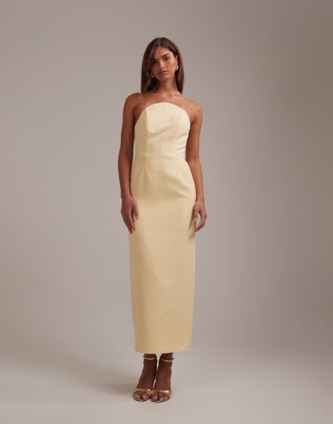 ASOS DESIGN bridesmaids structured crepe bandeau dress with high curved neckline in lemon - view 1