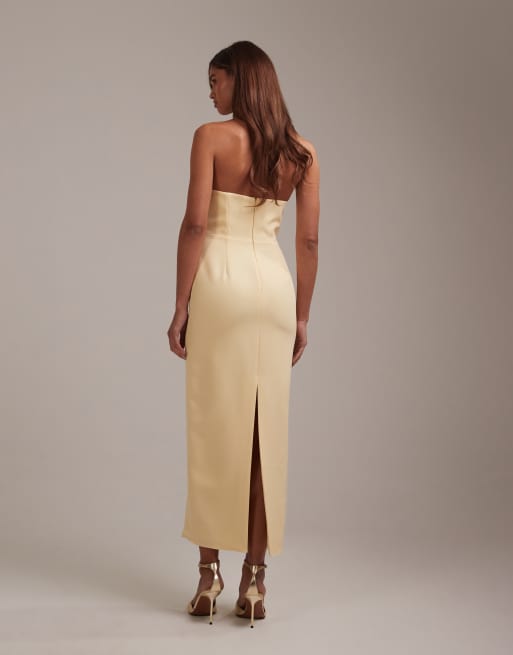 ASOS DESIGN bridesmaids structured crepe bandeau dress with high curved neckline in lemon, 3 of 5