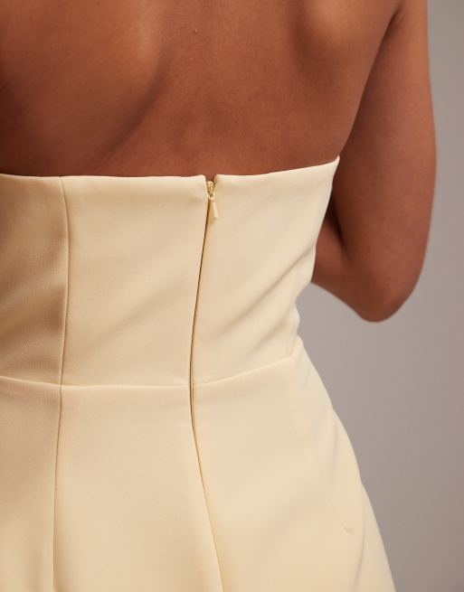 ASOS DESIGN bridesmaids structured crepe bandeau dress with high curved neckline in lemon, 4 of 5
