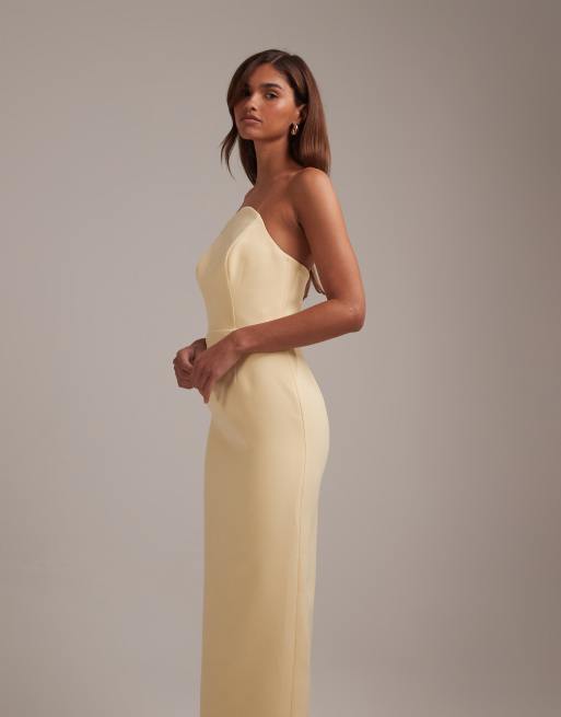 ASOS DESIGN bridesmaids structured crepe bandeau dress with high curved neckline in lemon, 5 of 5