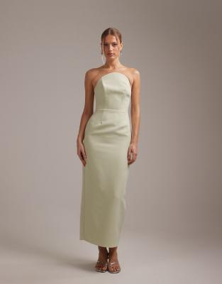 Asos Design Bridesmaids Structured Crepe Bandeau Dress With High Curved Neckline In Green
