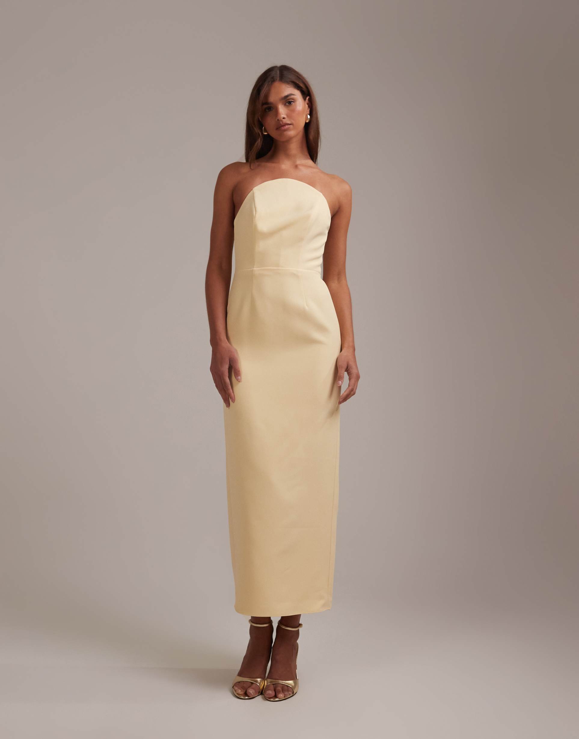 asos design bridesmaids structured crepe strapless dress with high curved neckline in lemon