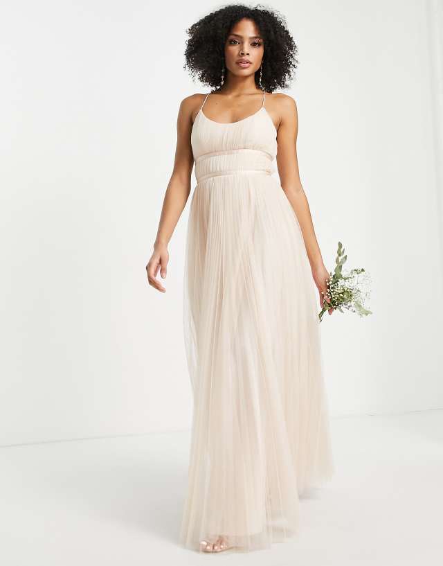 ASOS DESIGN bridesmaids tulle cami maxi dress with satin ribbon waist detail and pleated skirt in champagne