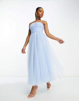 ASOS DESIGN Bridesmaid tulle chanelled bodice tulle maxi dress in light blue