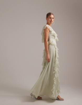 Asos Design Bridesmaids Wrap Front Ruffle Maxi Dress In Gray