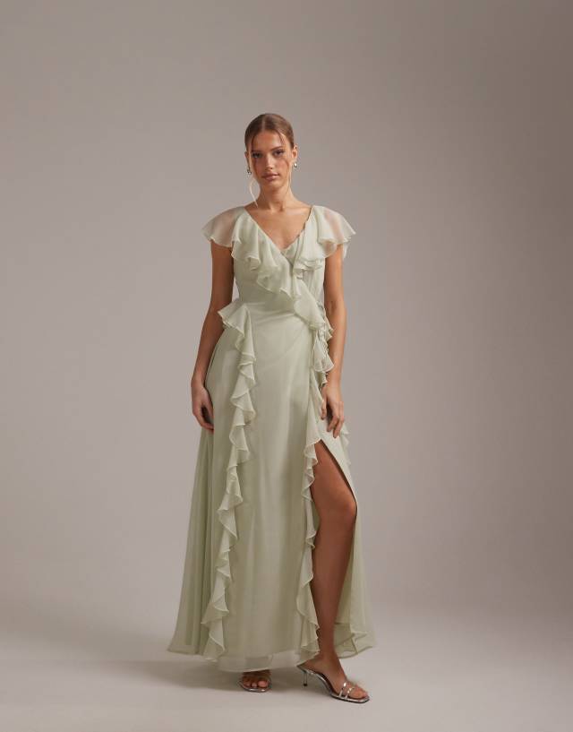 sage green ruffle bridesmaid dress ASOS DESIGN bridesmaids wrap front maxi in Satin