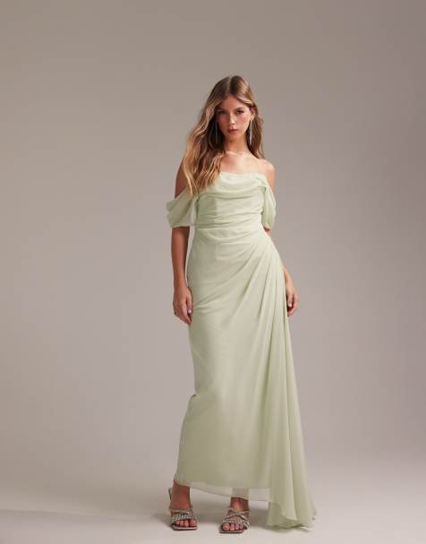 ASOS DESIGN Bridesmaids – Zielona sukienka midaxi z drapowanym dekoltem bardot - view 1