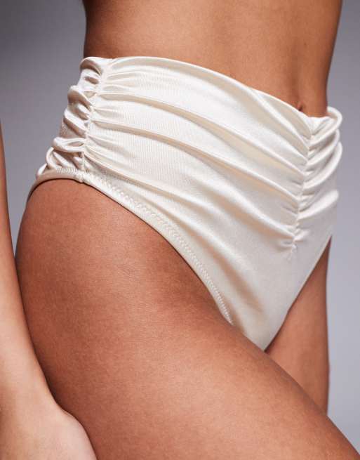ASOS DESIGN Bridie ruched high waist bikini bottom in champagne, 4 of 4