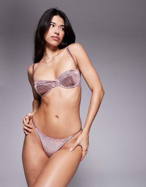ASOS DESIGN Brie sequin balcony underwire bra in pink - view 1