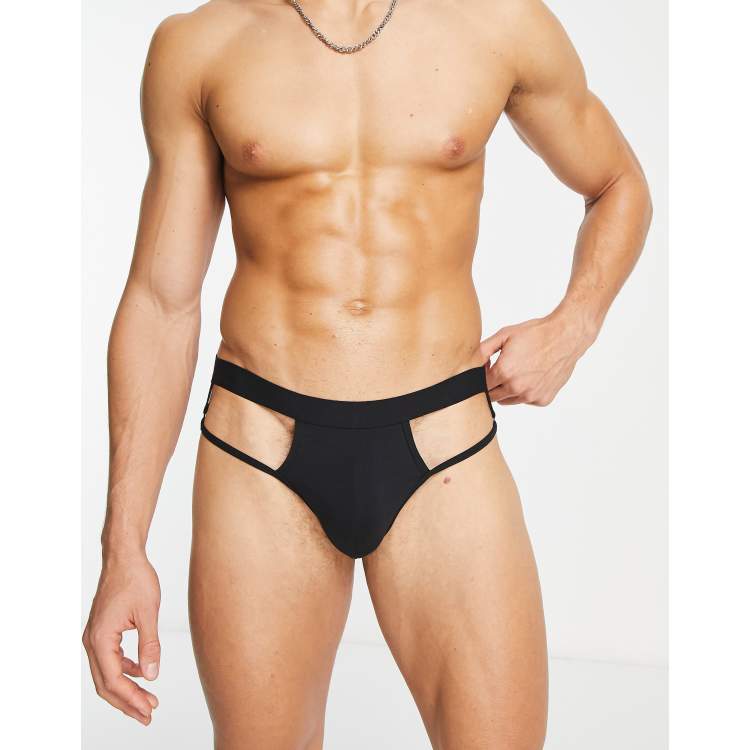 ASOS DESIGN jersey briefs with high waist strap detail in black