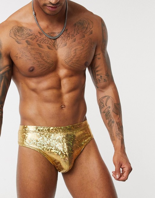 ASOS DESIGN brief swim trunk in gold foil print