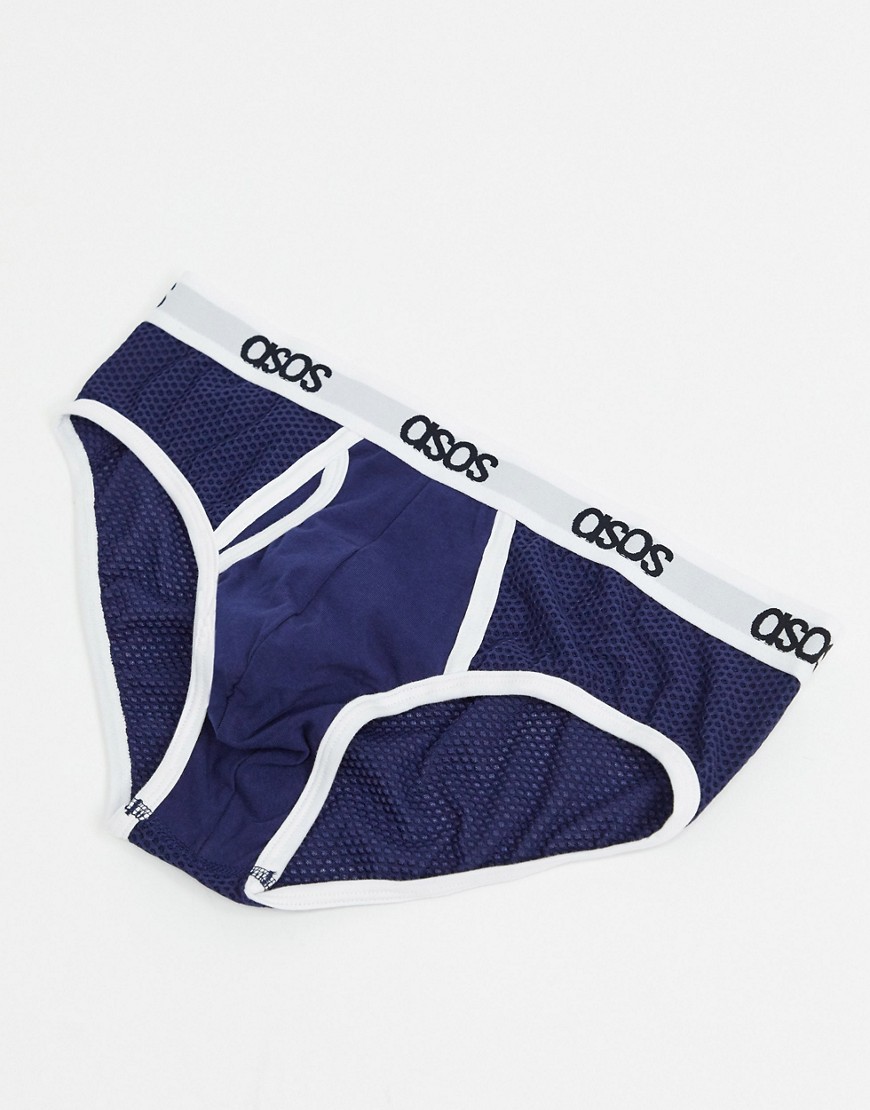 ASOS DESIGN brief with contrast white binding in navy mesh