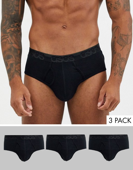 ASOS DESIGN 3 pack brief in black organic cotton blend with black tonal branded waistband