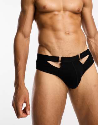 ASOS DESIGN jersey briefs with high waist strap detail in black