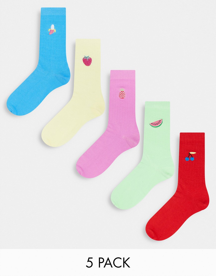 ASOS DESIGN bright 5 pack ankle socks with fruit embroidery-Multi