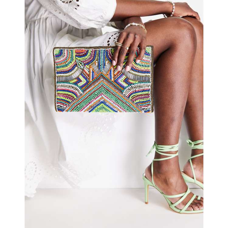 ASOS DESIGN bright beaded clutch bag in multi