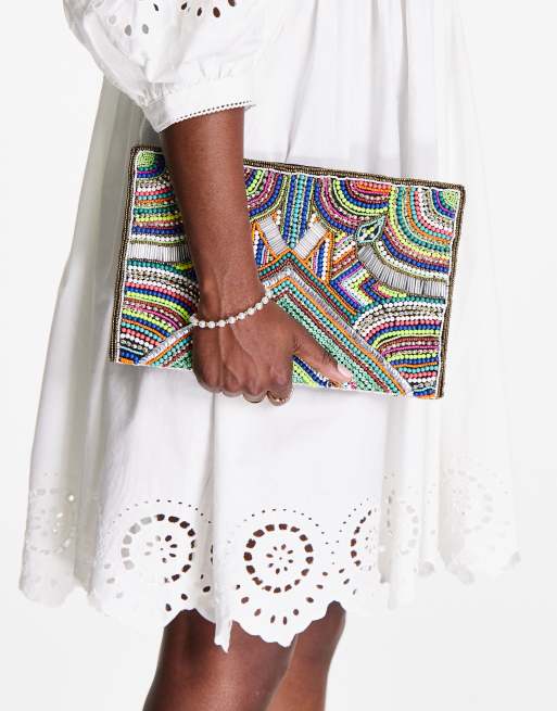 ASOS DESIGN bright beaded clutch bag in multi