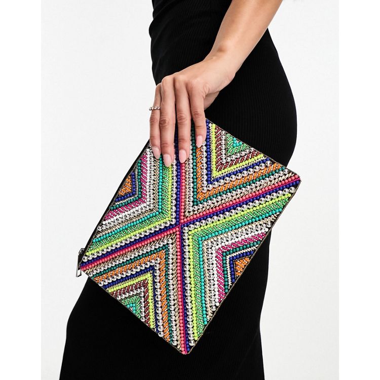 ASOS DESIGN beaded clutch bag in off white and gold