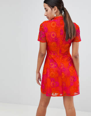 Asos design bright floral crochet lace shift mini dress sales