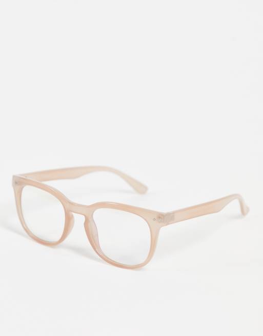 ASOS DESIGN – Brille mit runder Fassung in Beige, klaren Gläser und Blaulichtfilter