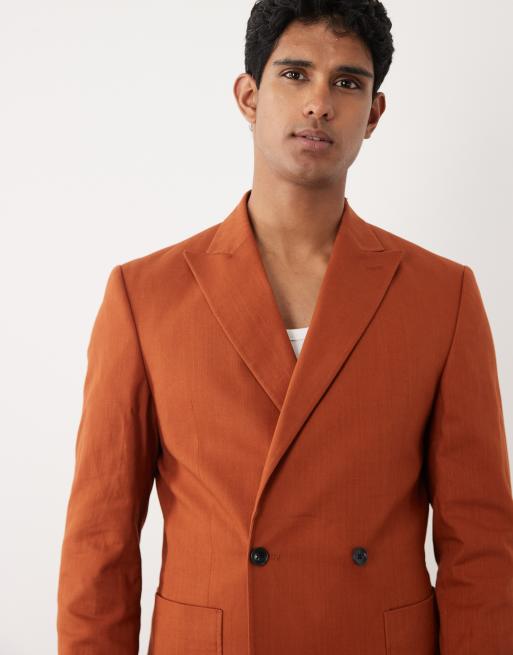ASOS DESIGN - Brændt orange dobbeltradet habitblazer i hørlook i 100% bomuld i Regular Fit, 5 af 5
