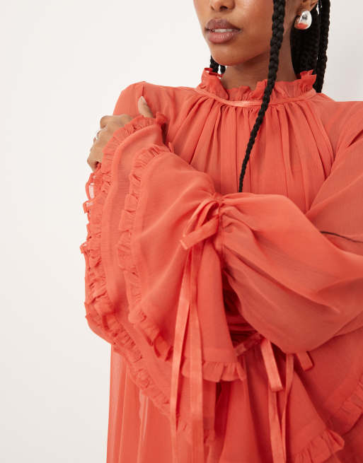 ASOS DESIGN - Brændt orange og lagdelt mini-kittelkjole med flæsemanchetter og satinsløjfer, 3 af 4